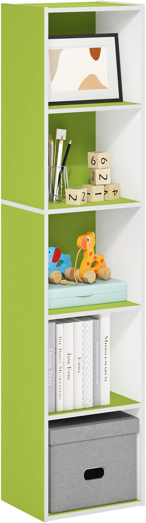 Furinno PASIR Book Shelf, 5-Tier Modern Bookshelf, Open Shelves Bookcase 9 x 12 x 52, Easy Assembly, for Living Room, Bedroom, Home Office, Green/White