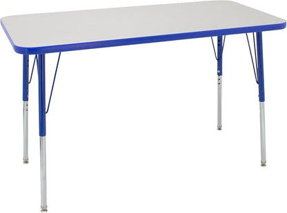 FDP Rectangle Activity School and Office Table (24 x 48 inch), Standard Legs with Swivel Glides, Adjustable Height 19-30 inches; Quick Ship Single Box - Gray Top and Blue Edge