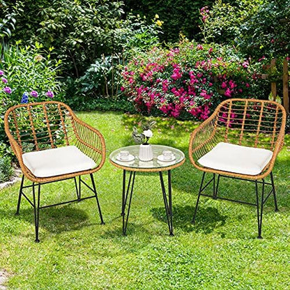 Tangkula 3 Pieces Patio Bistro Set, Rattan Conversation Set with 2 Cushioned Armchairs & Round Glass Coffee Table, Indoor Outdoor Wicker Furniture Set for Balcony, Backyard, Garden, Poolside