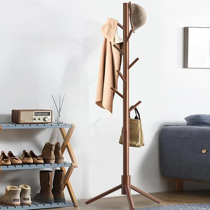 Aliphon Wooden Coat Rack Stand, Freestanding Coat Rack with 8 Hooks, 3 Adjustable Size Coat Tree for Hats, Coats, Scarves bags, Coat Hanger Stand Used in Bedroom/Office/Entryway,2 PCS (Brown)