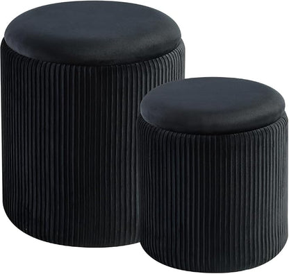 BLEXA Round Set of 2 Ottoman with Storage - Upholstered Velvet Vanity Stool for Makeup Multifunctional Ottomans Coffee Table Padded Seat Foot Rest for Living Room & Bedroom (Black)