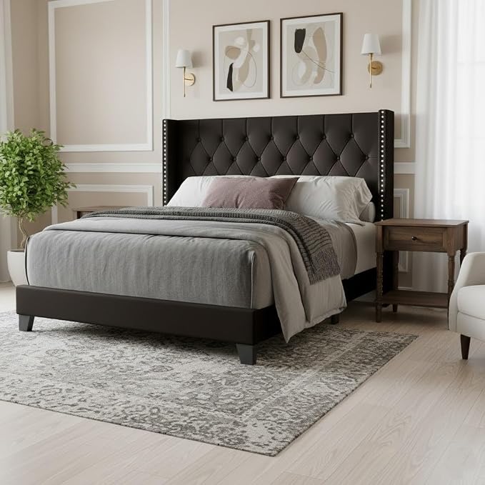 HOME DESIGN Homer Full Tufted Wingback Upholstered Panel Bed with 2 Matching 1 Drawer Nightstands, Bedroom Furniture Set with Open Shelf Storage, Brown Brown
