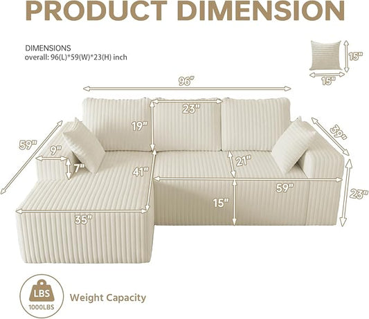Cloud Boneless Sectional Cream Couches with Oversized Chaise for Living Room, Modular L Shaped Couch with Deep Seat, Memory Foam Compressed 3 Seater Sofa for Apartment
