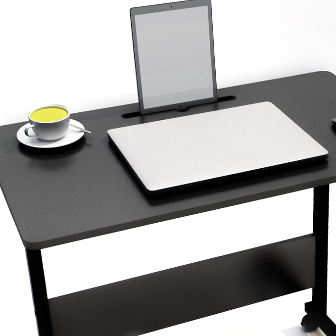 soges 31.5 inches Mobile Side Desk with Tablet Slot Height Adjustable Laptop Cart Stand Portable Laptop Desk Workstation with Wheels Black CXYM-5/3-80BB