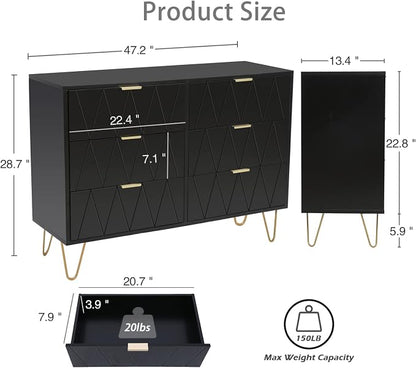 Anbuy Bedroom Sets 3 Piece Black 6 Drawer Dresser and Night Stand Sets for Bedroom, Two Drawers Nightstand Set of 2 & 6 Drawer Dresser Combo 3 Pieces (Black)