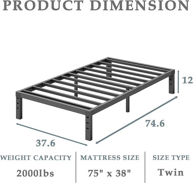 FSCHOS Twin Metal Platform Bed Frame - 12 Inch, No Box Spring Needed, Heavy Duty, Easy Assembly, Noise Free, Black