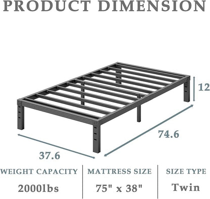 FSCHOS Twin Metal Platform Bed Frame - 12 Inch, No Box Spring Needed, Heavy Duty, Easy Assembly, Noise Free, Black
