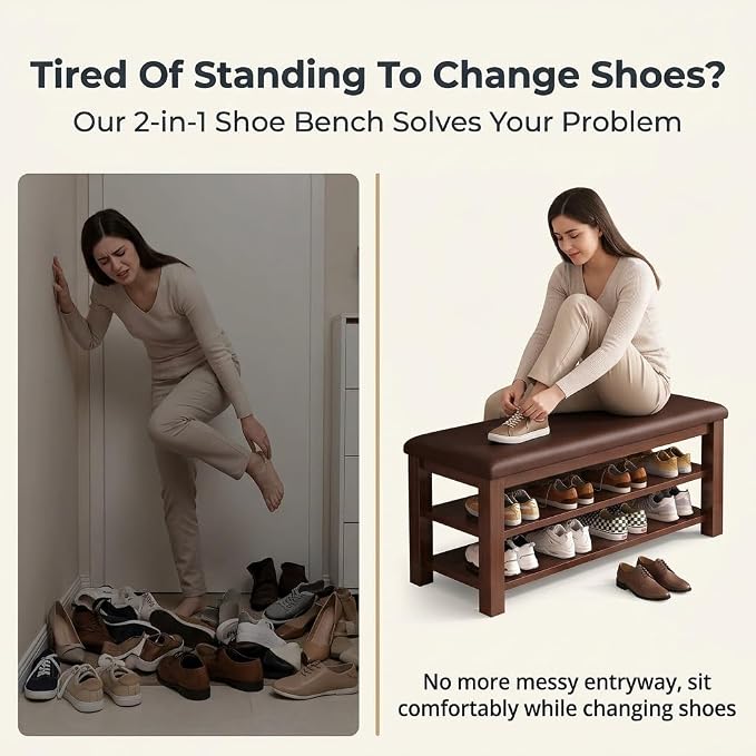 2 Tier Shoe Storage Bench for Entryway | Sturdy Rubberwood Shoe Rack with Cushioned Seat, Space-Saving Organizer for Closet(Brown,60cm/23.6in)