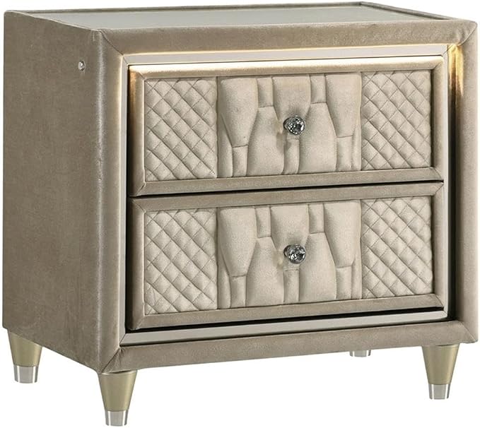 Pemberly Row 4-Piece Velvet Eastern King Bedroom Set, Camel and Ivory Finish, LED Wingback Bed, Fireplace Dresser with Glass Top, USB Nightstand, Tufted Mirror, Plush Modern Design for Master Bedrooms