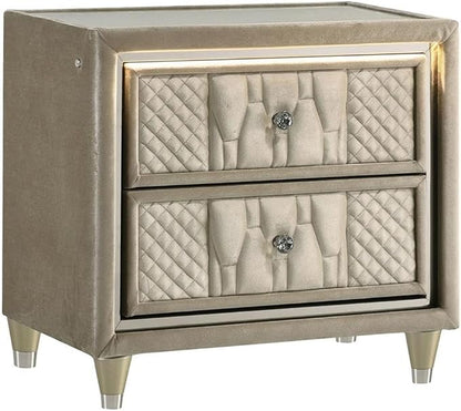 Pemberly Row 4-Piece Velvet Eastern King Bedroom Set, Camel and Ivory Finish, LED Wingback Bed, Fireplace Dresser with Glass Top, USB Nightstand, Tufted Mirror, Plush Modern Design for Master Bedrooms