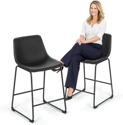 Athena Collection 23'' Counter Height Bar Stools Bar Chairs Set of 2 Modern PU Leather Bucket Chairs with Back Soft Foam Filled Metal Frame Bar Stools with Footrest for Pub, Bistro, Kitchen, Black