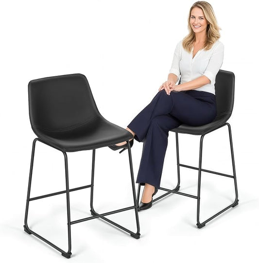 Athena Collection 23'' Counter Height Bar Stools Bar Chairs Set of 2 Modern PU Leather Bucket Chairs with Back Soft Foam Filled Metal Frame Bar Stools with Footrest for Pub, Bistro, Kitchen, Black