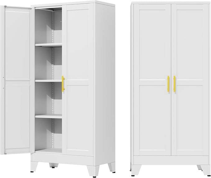61" Metal Garage Storage Cabinet with 2 Doors and 3 Adjustable Shelves,Metal Storage Cabinets,Steel Tool Cabinets for Home,Office,Garage,Warehouse(White, 61''H x 27''W x 14''D)