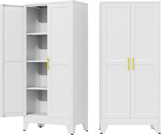 61" Metal Garage Storage Cabinet with 2 Doors and 3 Adjustable Shelves,Metal Storage Cabinets,Steel Tool Cabinets for Home,Office,Garage,Warehouse(White, 61''H x 27''W x 14''D)