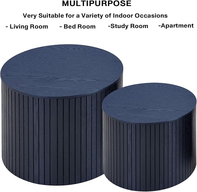 Nesting Coffee Tables Set of 2, Black Round Coffee Tables with Storage, Modern Fluted Circle Coffee Tea Table, Accent Wooden Drum Side End Table for Small Spaces Living Room