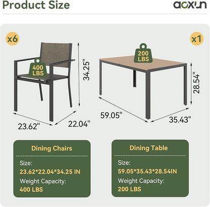 Aoxun 7-Piece Patio Table and Chairs Set for 6, All Weather Outdoor Dining Set with 6 Textilene Chairs and 1 Rectangular Metal Table, Patio Dining Sets for Backyard, Garden and Poolside, Brown