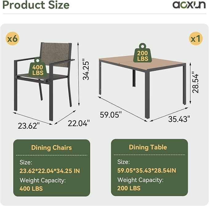 Aoxun 8-Piece Patio Table and Chairs Set & 15ft Patio Umbrella for 6, All Weather Outdoor Dining Set with 6 Textilene Chairs and 1 Rectangular Metal Table for Backyard, Garden, Brown/Beige