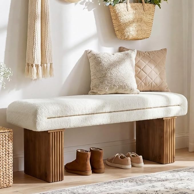 Solid Wood Entryway Bench, 47" Farmhouse End of Bed Bench, Ottoman Indoor Bench with Cushion, Upholstered Window Bench for Entryway, Living Room, White & Brown