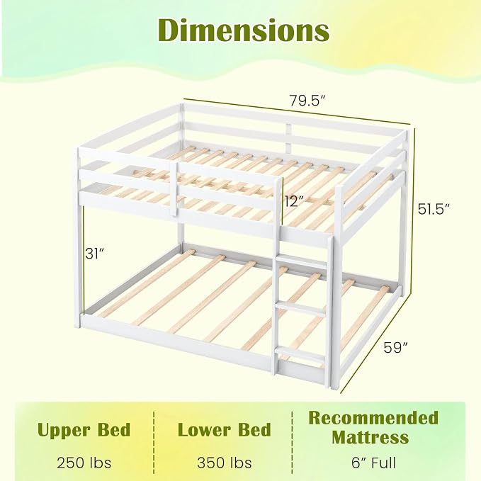 Giantex Full Over Full Bunk Bed, Solid Wood Kids Bunk Bed with Full-Length Guardrails, Integrated Ladder & Anti-Tippling Kits, Low Bunk Beds with Slats Support for Kids, Teens, White