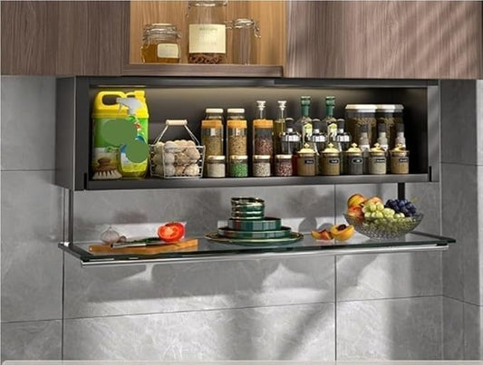 Modern Pull Down Cabinet Organizer Multifunctional Pantry Shelf with Transparent Glass Panel Space-Saving Kitchen Closet Storage,Ideal for Home