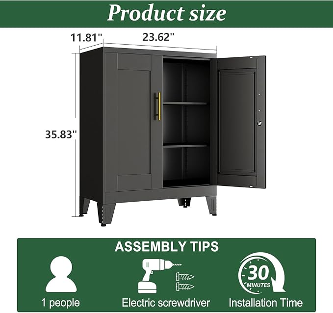 Black Metal Storage Cabinet, 36" Tall Locking Storage Cabinet, 12”D | with 2 Adjustable Shelves, Steel Locker Organizer, Metal Freestanding Buffet Cupboards Sideboard for Office, Home, School,2PS