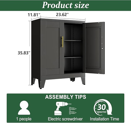 Black Metal Storage Cabinet, 36" Tall Locking Storage Cabinet, 12”D | with 2 Adjustable Shelves, Steel Locker Organizer, Metal Freestanding Buffet Cupboards Sideboard for Office, Home, School,2PS