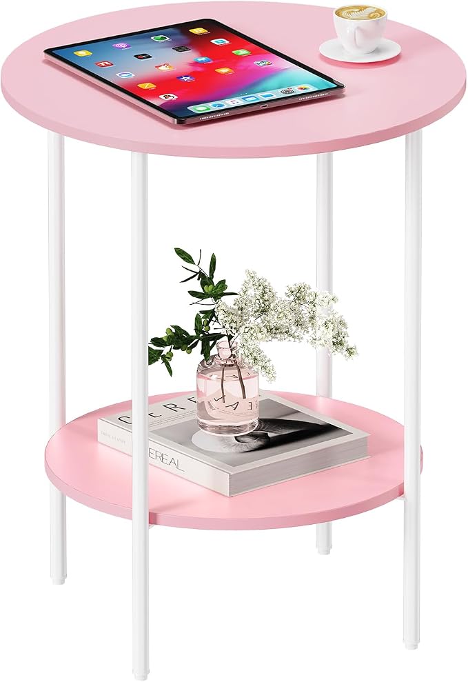 Side Table,Round End Table with 2 Storage Shelves| Compact Side Tables for Living Room, Couch, Gym, Office & Bedroom | Narrow Accent Table as Space-Saving Small Bedside Table 18x18x22in(Pink)