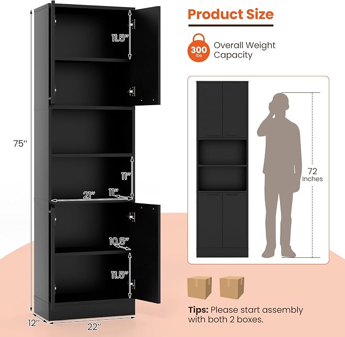 Giantex Kitchen Pantry Cabinet, 75” Tall Freestanding Cupboard with Doors & Shelves, Safety Hinges & Anti-Tipping Devices, Storage Sideboard for Dining Room, Living Room (Black)