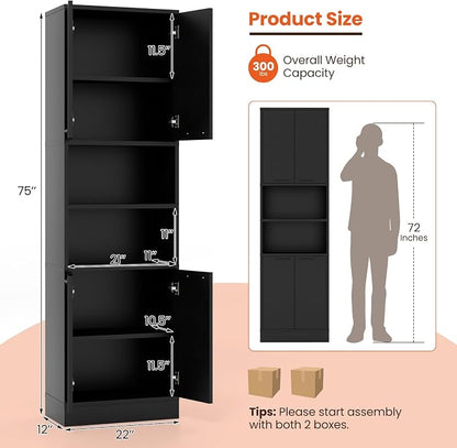Giantex Kitchen Pantry Cabinet, 75” Tall Freestanding Cupboard with Doors & Shelves, Safety Hinges & Anti-Tipping Devices, Storage Sideboard for Dining Room, Living Room (Black)