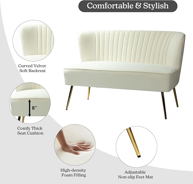 TINA'S HOME Contemporary Velvet Loveseat Sofa, Upholstered Loveseat Couch with Golden Metal Legs, Small Tufted 2-Seat Sofa Armless Love Seat for Living Room, Bedroom, Apartment Small Spaces, Ivory