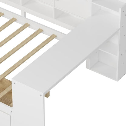 Bellemave Twin Size Corner Bed Frame, Twin Size Corner Beds with Storage Cabinets and Desk, Wood Daybed with Bookcase and Drawers, White