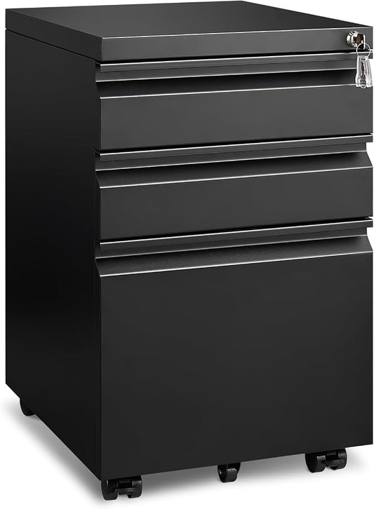 Approgreent 3 Drawer File Cabinet for Home Office, Under Desk Mobile Filing Cabinet with Lock for A4-Size/Letter-Size/Legal-Size, Black (HSEJ-3D)