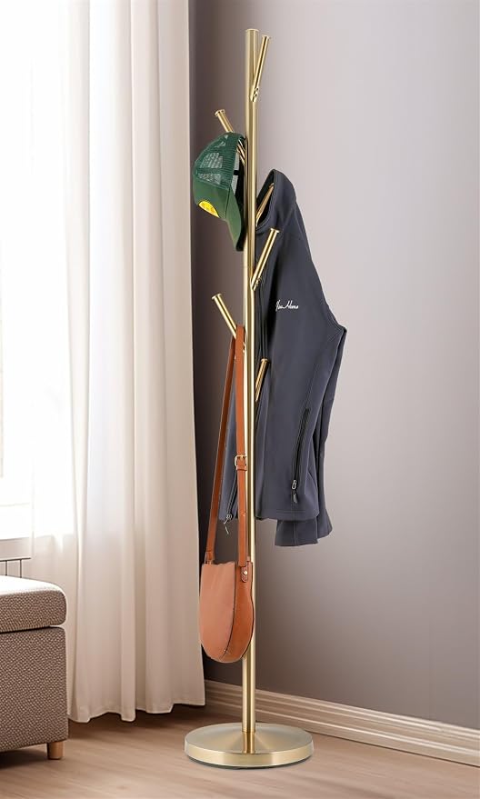 Kira Home Addison 68" Modern Gold Standing Coat Rack with 6 Hanging Hooks, Sleek Metal Gold Coat Stand with Weighted Base, Cool Brass Finish