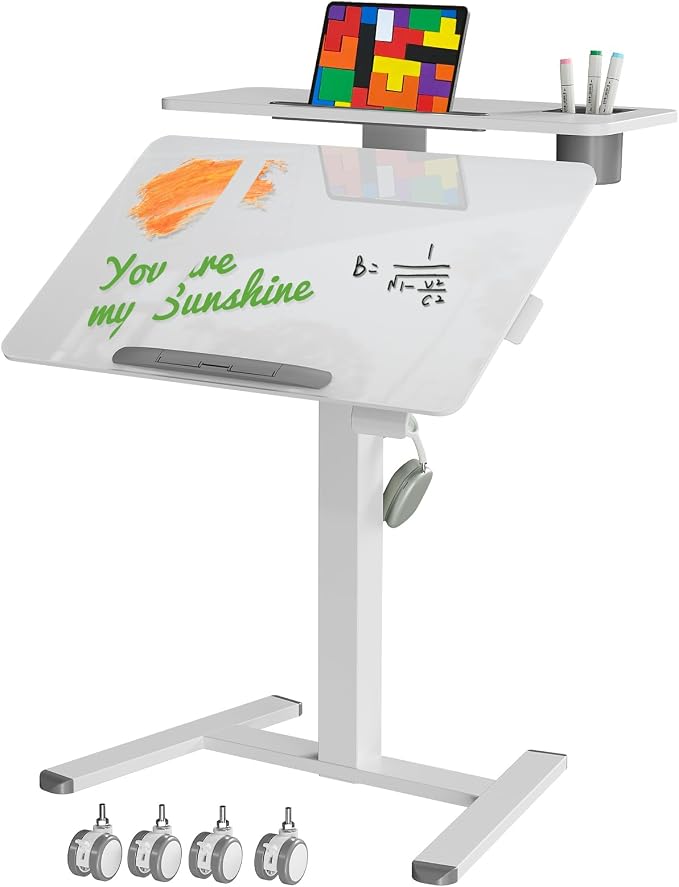 28Inch Glass Mobile Standing Desk On Wheels， Rolling Laptop Stand with Tiltable Desktop， Small Computer Workstation Adjustable Height， 2-Tier Portable Study Table with Storage Shelf， White