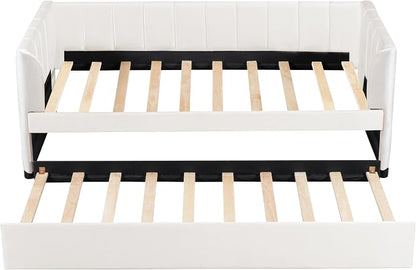 Merax Twin Daybed with Trundle, Upholstered Wooden Sofa Bed Frame with Simple Line Design, Beige