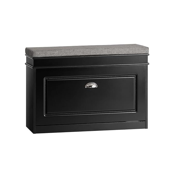 SoBuy Small Shoe Storage Bench, Black Narrow Shoe Cabinet for Entryway, Shoe Rack with Cushion&2 Tiers Flip-Drawer, Closet Hallway Mudroom FSR82-L-SCH