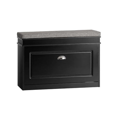 SoBuy Small Shoe Storage Bench, Black Narrow Shoe Cabinet for Entryway, Shoe Rack with Cushion&2 Tiers Flip-Drawer, Closet Hallway Mudroom FSR82-L-SCH