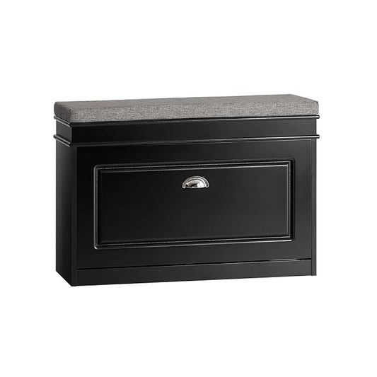 SoBuy Small Shoe Storage Bench, Black Narrow Shoe Cabinet for Entryway, Shoe Rack with Cushion&2 Tiers Flip-Drawer, Closet Hallway Mudroom FSR82-L-SCH