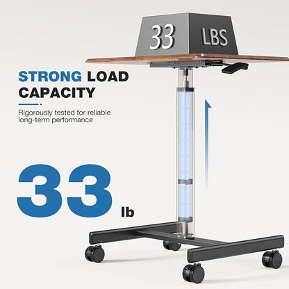 OLIXIS Mobile Rolling Desk with Wheels Small Standing Laptop Desks Portable Pneumatic Adjustable Height Sit Stand Table Computer Workstation for Home Office Rustic Brown