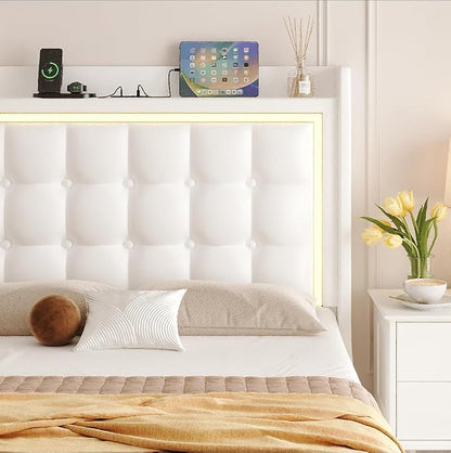 Keyluv Full Floating Bed Frame with Storage Headboard, LED Lights & Charging Station Platform Bed, Soft Upholstered PU Leather, USB/Type-C Ports, Easy Assembly, White