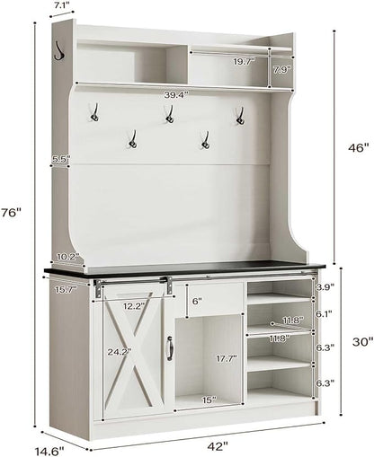 4ever2buy Farmhouse Hall Tree with Bench 5-in-1 Entryway Bench with Coat Rack with Sliding Barn Doors Entryway Coat Rack with Shoe Storage