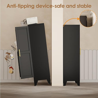 PAOFIN 47" Kitchen Pantry Cabinet, Metal Storage Cabinet with 3 Adjustable Layer Shelves, 8 Door Shelves, Buffet Sideboard for Living Room, Kitchen, Black