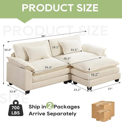 Oprisen 86" Modular Sectional Sofa, Comfy Cloud Couch Sectional Sofa with Ottoman, Chenille Sofa Sleeper Deep Seat Sofa with Throw Pillows for Living Room (Beige White, 86"- L Shape)