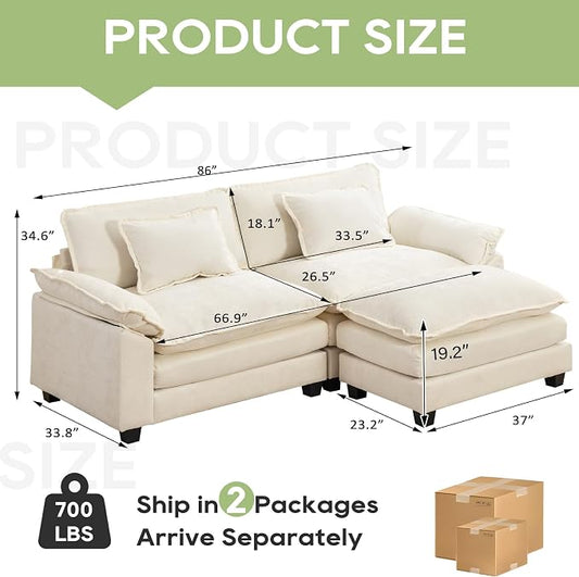 Oprisen 86" Modular Sectional Sofa, Comfy Cloud Couch Sectional Sofa with Ottoman, Chenille Sofa Sleeper Deep Seat Sofa with Throw Pillows for Living Room (Beige White, 86"- L Shape)