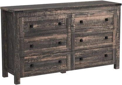 T4TREAM 54" Wide Farmhouse 6-Drawer Dresser for Bedroom, Dark Rustic Oak | Rustic, Wood Storage Cabinet, Metal Handle, Unique Corner Accent, Bedroom, Living Room, Hallway