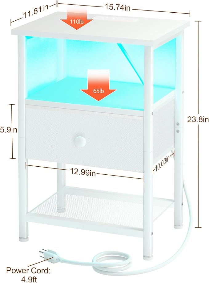 LOAKEKEL LED Night Stand with Charging Station, Small Bedside Table with USB Ports & Outlets, Fabric Storage Drawer with PU Finish for Bedroom, White, HETS01WT-1