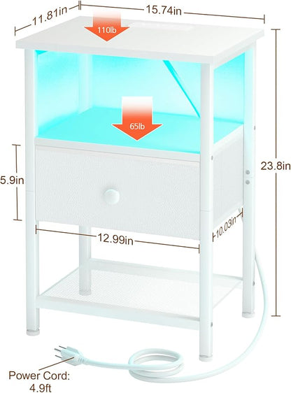 LOAKEKEL LED Night Stand with Charging Station, Small Bedside Table with USB Ports & Outlets, Fabric Storage Drawer with PU Finish for Bedroom, White, HETS01WT-1