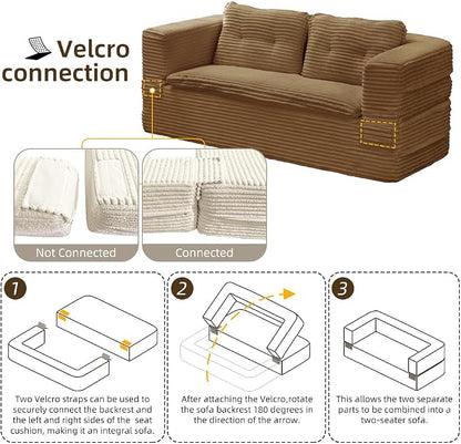 80'' Futon Sofa Bed, King Size Foldable Sleeper Sofa, Corduroy Boneless Loveseat Couch with Chaise Lounge, 3 Pillows, Blanket, Upholstered Sectional Couches for Living Room, Bedroom, Camel