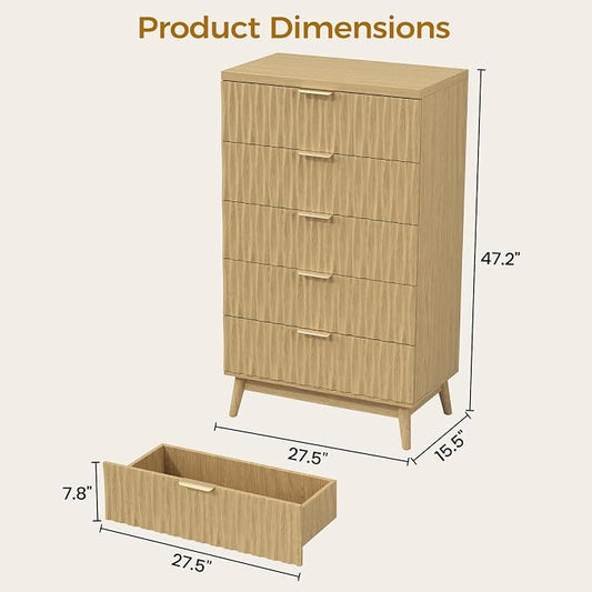 Dresser for Bedroom, 47" Wide 5 Drawer Dresser, Modern Wood Chest of Drawers for, Bedroom, Living Room, Entryway, Natural