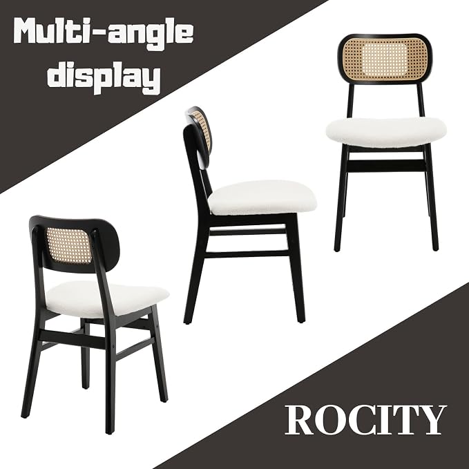 ROCITY Black Rattan Dining Chairs Set of 6 Sherpa Dining Room Chairs Natural Wooden Kitchen Chairs Farmhouse Boho